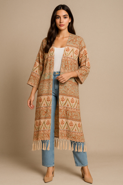 KIMONO IMPRIMÉ À FRANGES