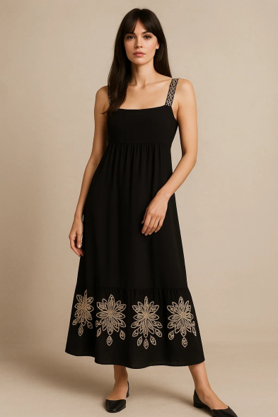 ROBE MI-LONGUE À BRETELLES BRODÉES