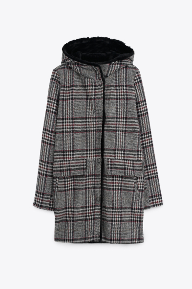 MANTEAU À CARREAUX ET FOURRURE